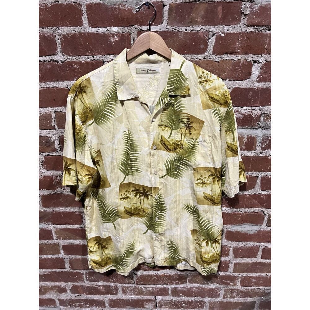 Tommy Bahama Mens Yellow Short Sleeve Floral Pattern Silk Button Up Medium